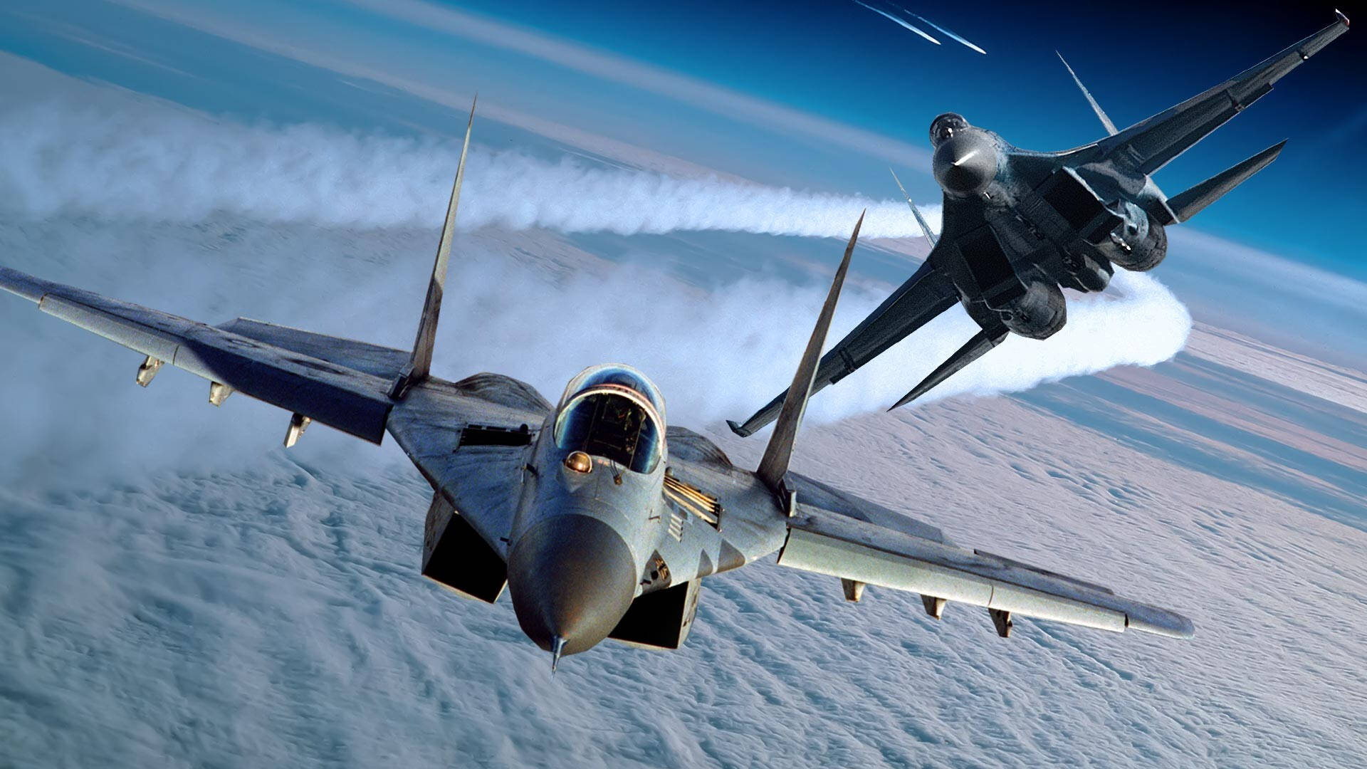 fighter jets, tight formation, cloud layer, Full HD Desktop Wallpaper