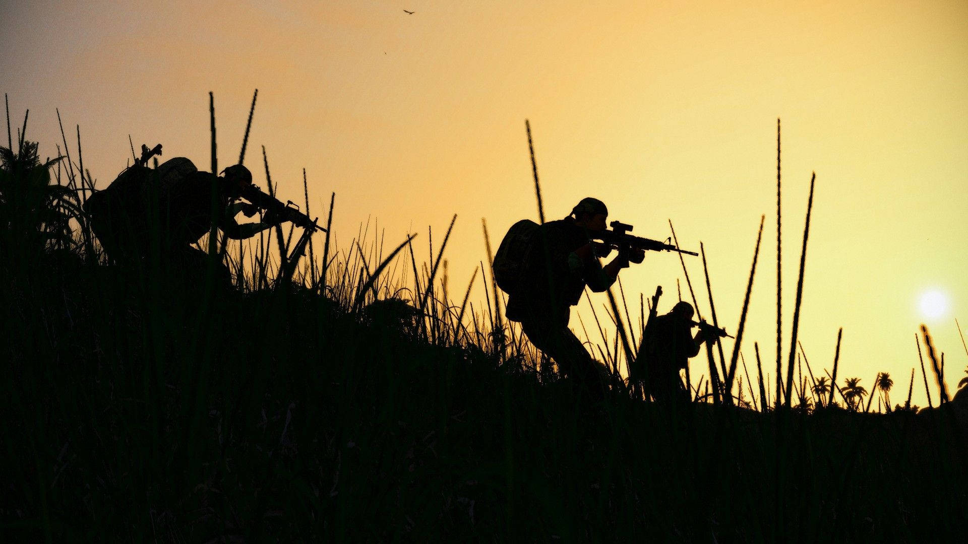 military, battle mode, silhouetted soldiers, Full HD Desktop Wallpaper