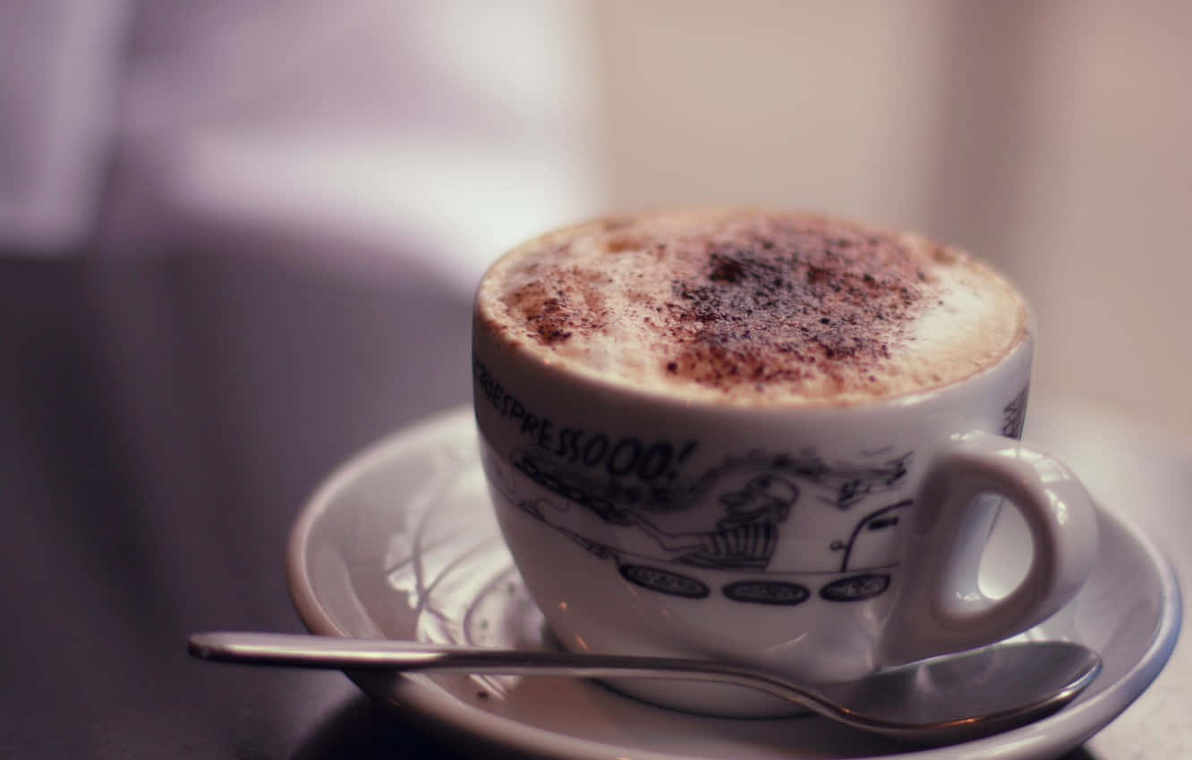 cappuccino, cocoa powder, cartoon-printed cup, HD Desktop Wallpaper
