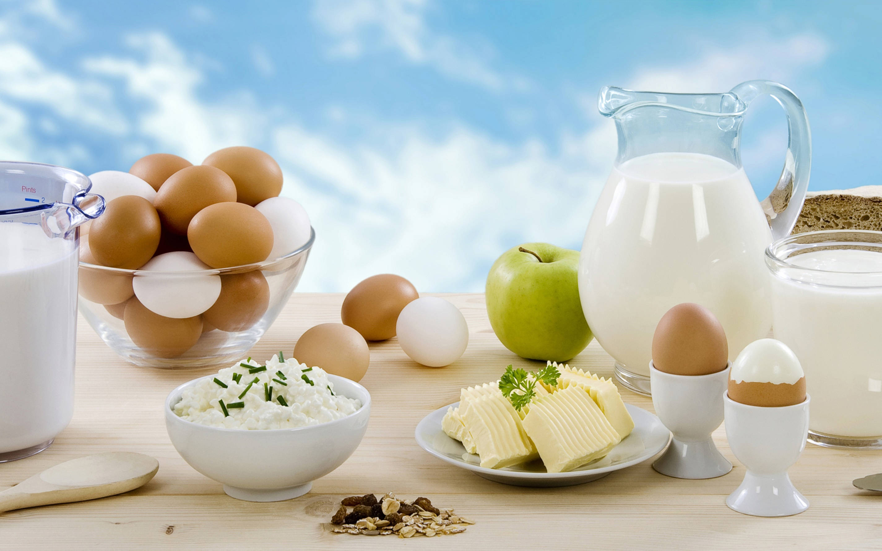 Dairy Milk Products, bright blue sky, wooden table, 2K Desktop Wallpaper