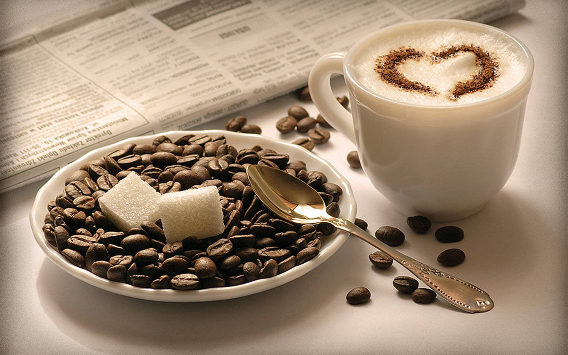 cappuccino, coffee bean plate, heart-shaped cocoa dust, Full HD Desktop Wallpaper