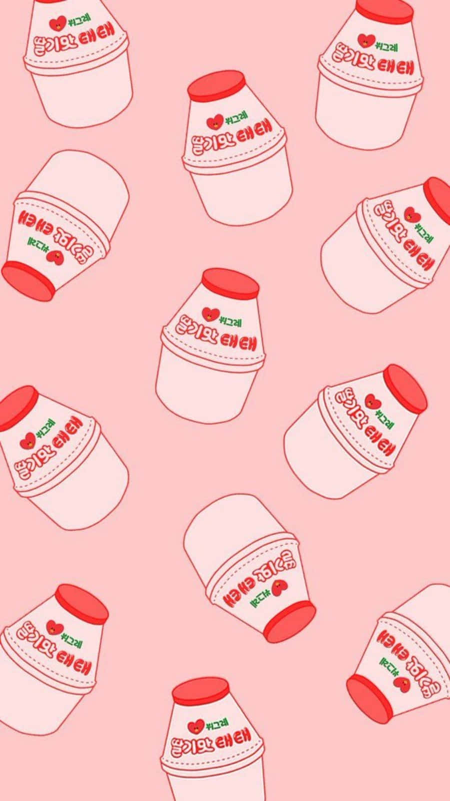 Aesthetic Pink Kawaii Cultured Strawberry Milk, pink background, cartoon-style Korean milk tea cups, HD Phone Wallpaper