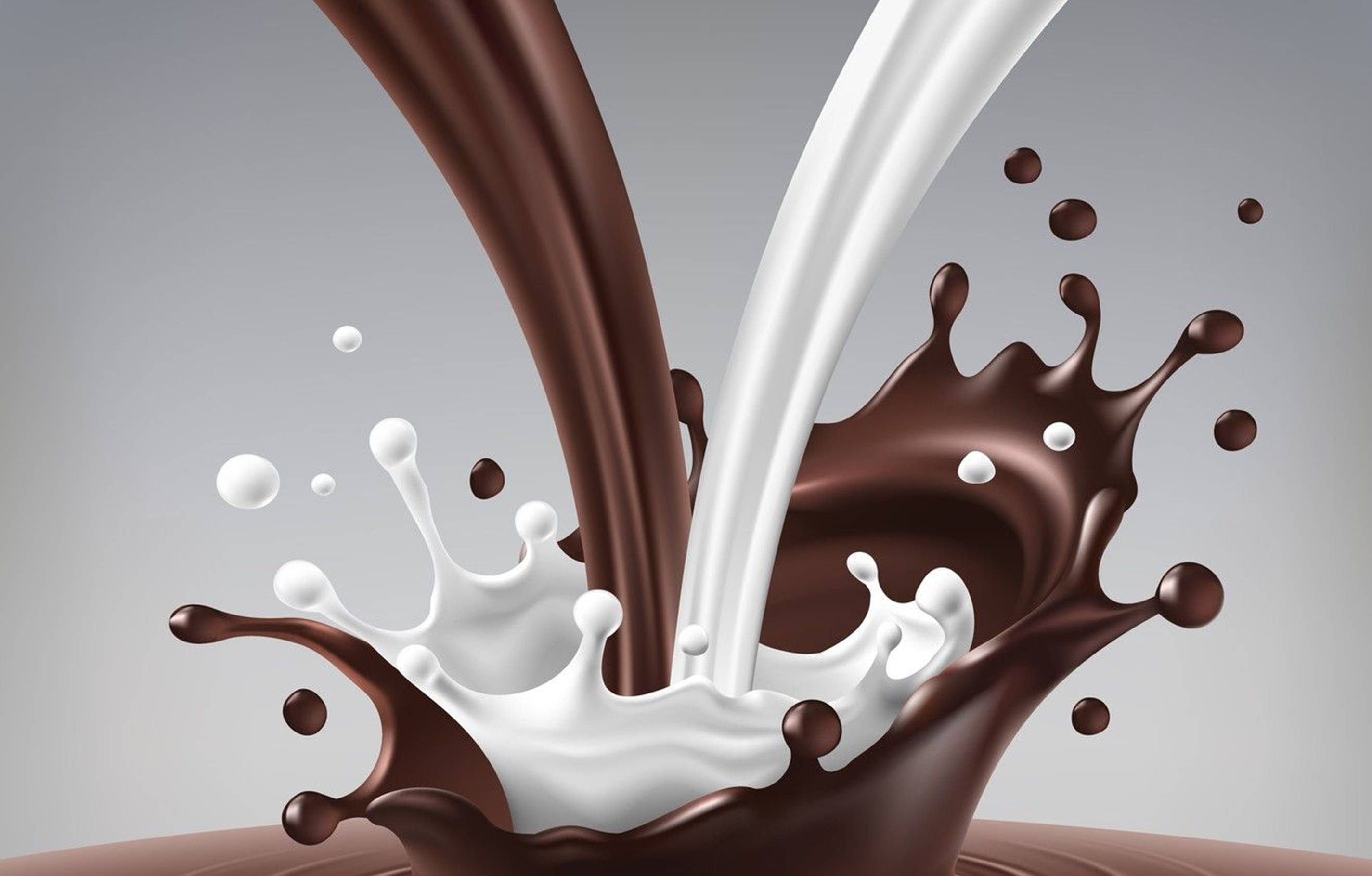milk, chocolate liquid, neutral gray background, 2K Desktop Wallpaper