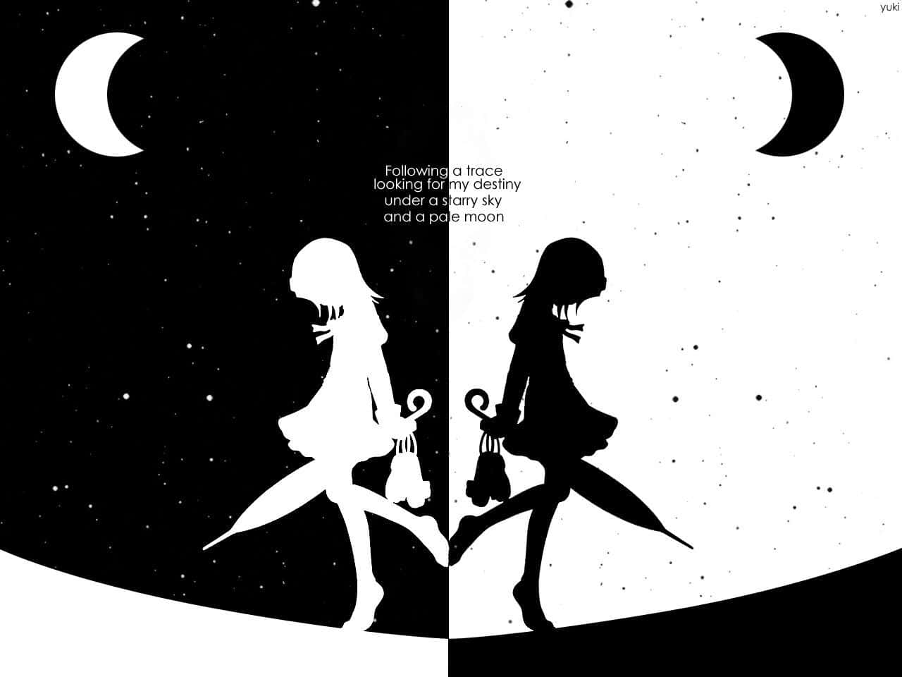 black anime aesthetic pc, black and white anime aesthetic pc, silhouetted girls, HD Desktop Wallpaper