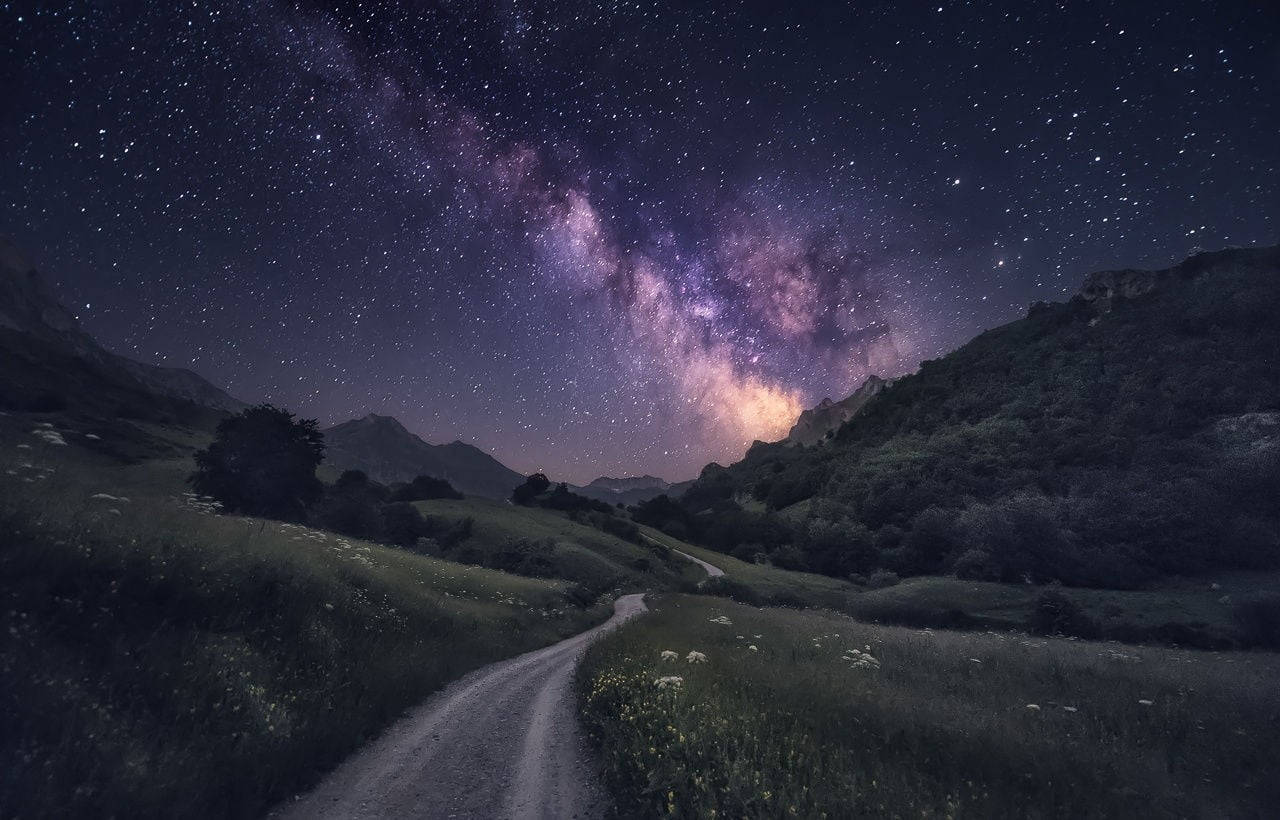 Milky Way Galaxy, narrow road, distant mountains, HD Desktop Wallpaper