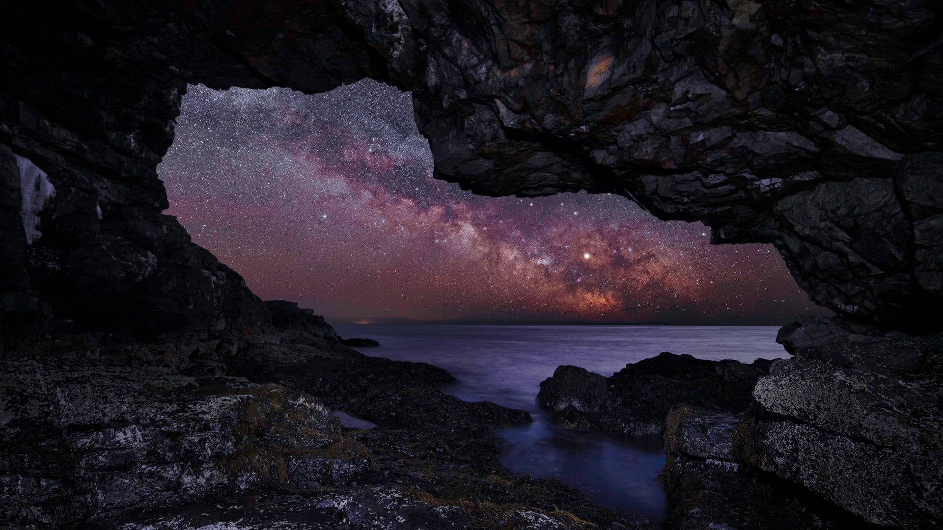 Milky Way Galaxy, cave, calm ocean, Full HD Desktop Wallpaper