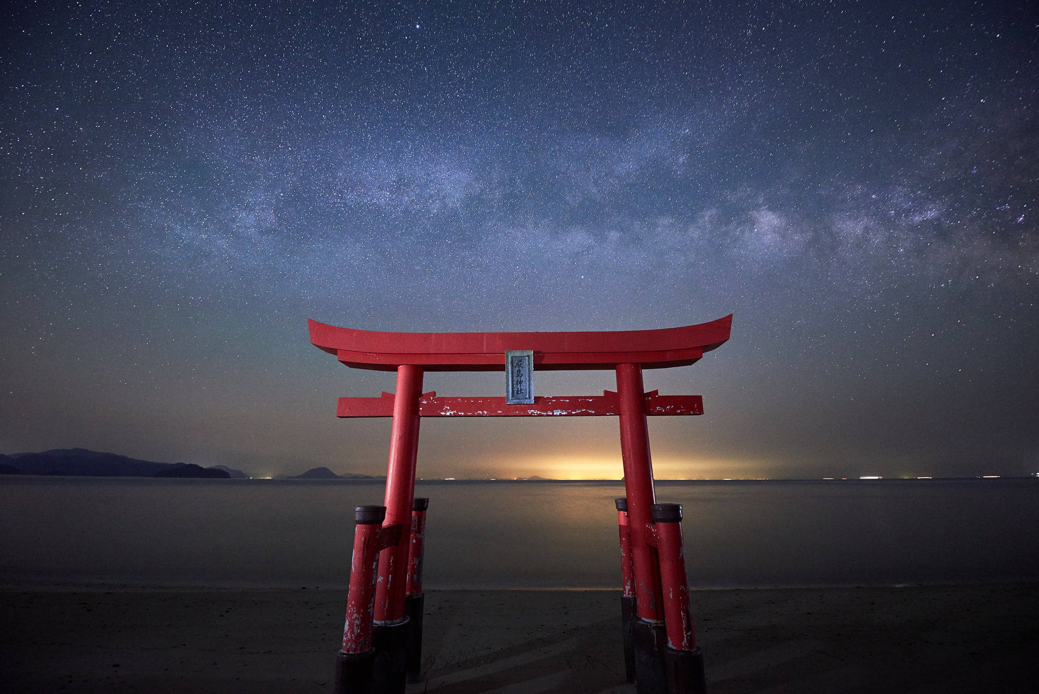Milky Way Galaxy, torii gate, beach, Full HD Desktop Wallpaper