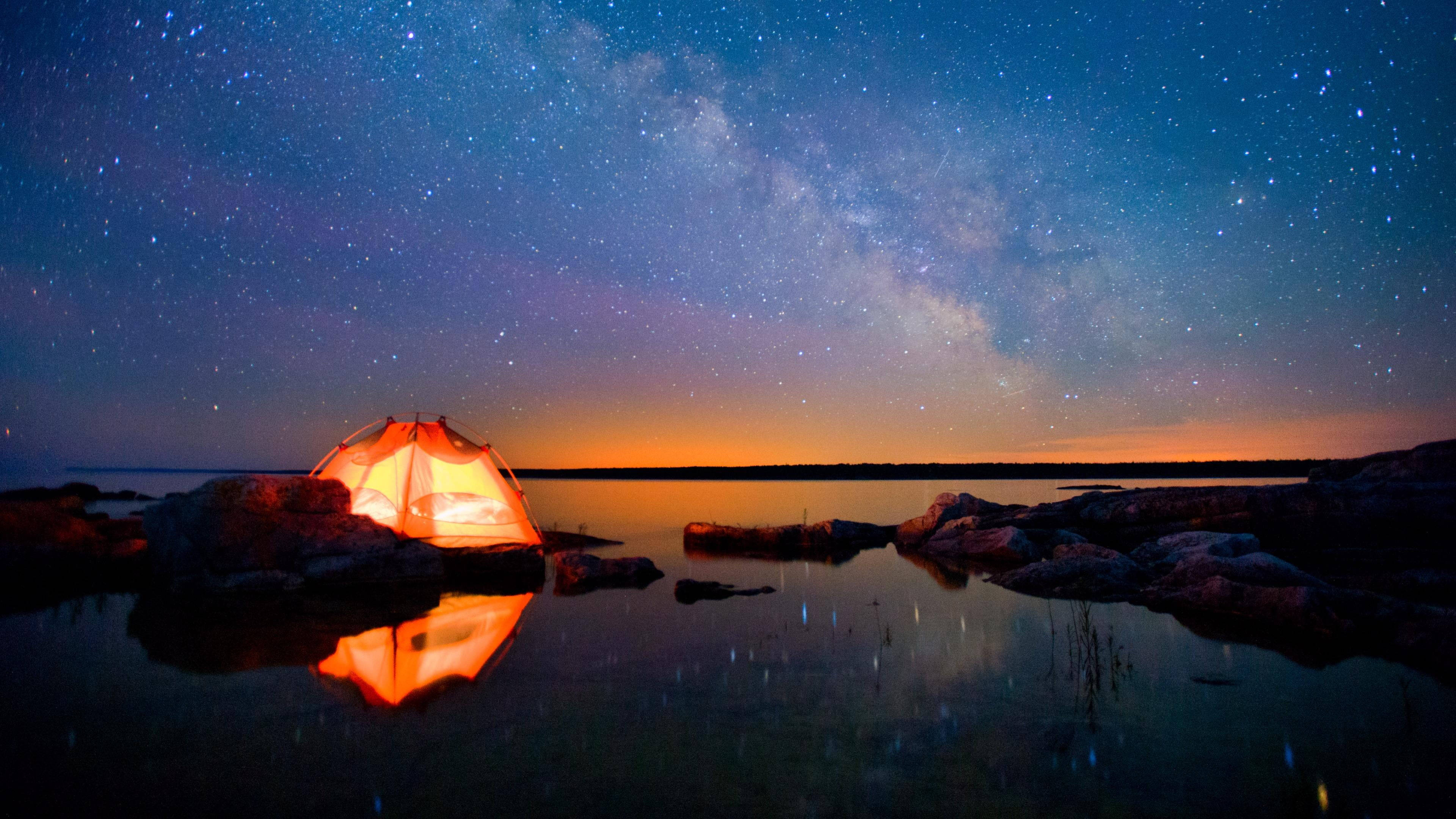 Milky Way Galaxy, glowing tent, rocky lakeshore, 4K Desktop Wallpaper