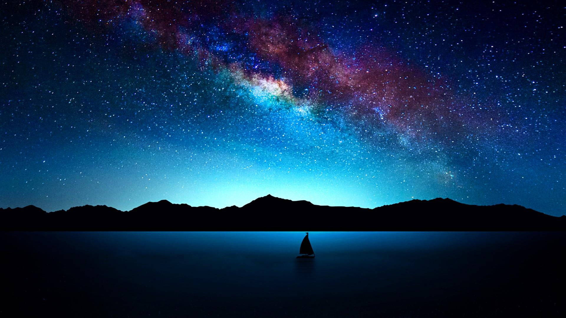 Milky Way Galaxy, landscape, sailboat, Full HD Desktop Wallpaper