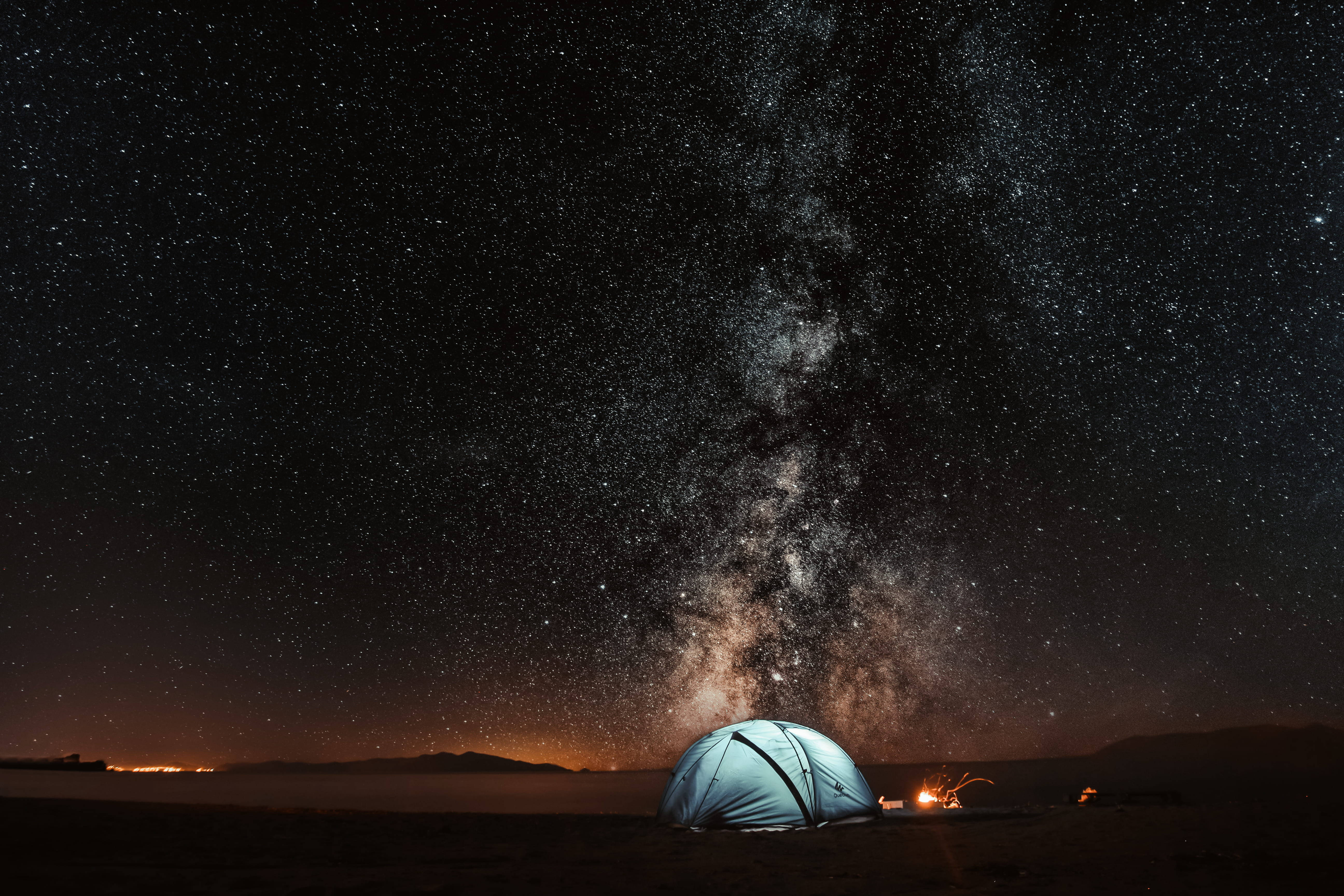 Milky Way Galaxy, glowing blue tent, starry sky, 5K Desktop Wallpaper