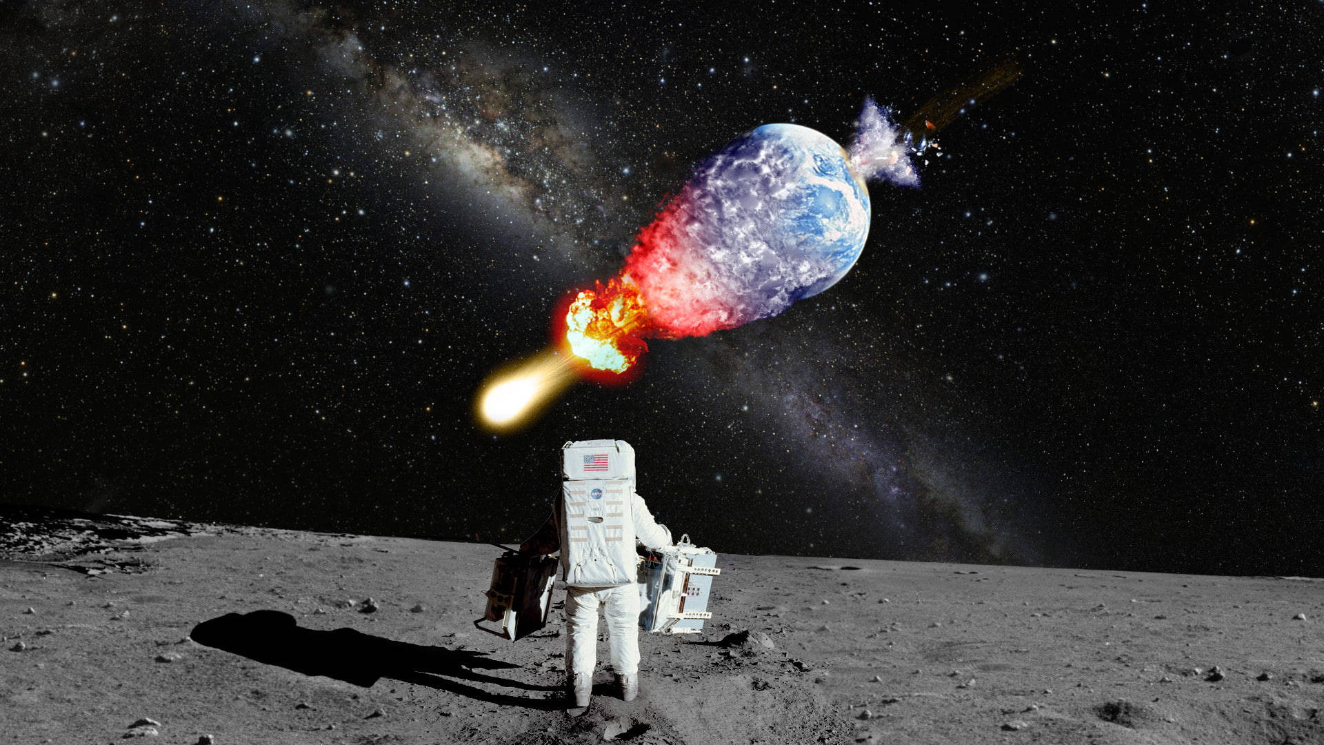 Milky Way Galaxy, astronaut, barren moon surface, Full HD Desktop Wallpaper