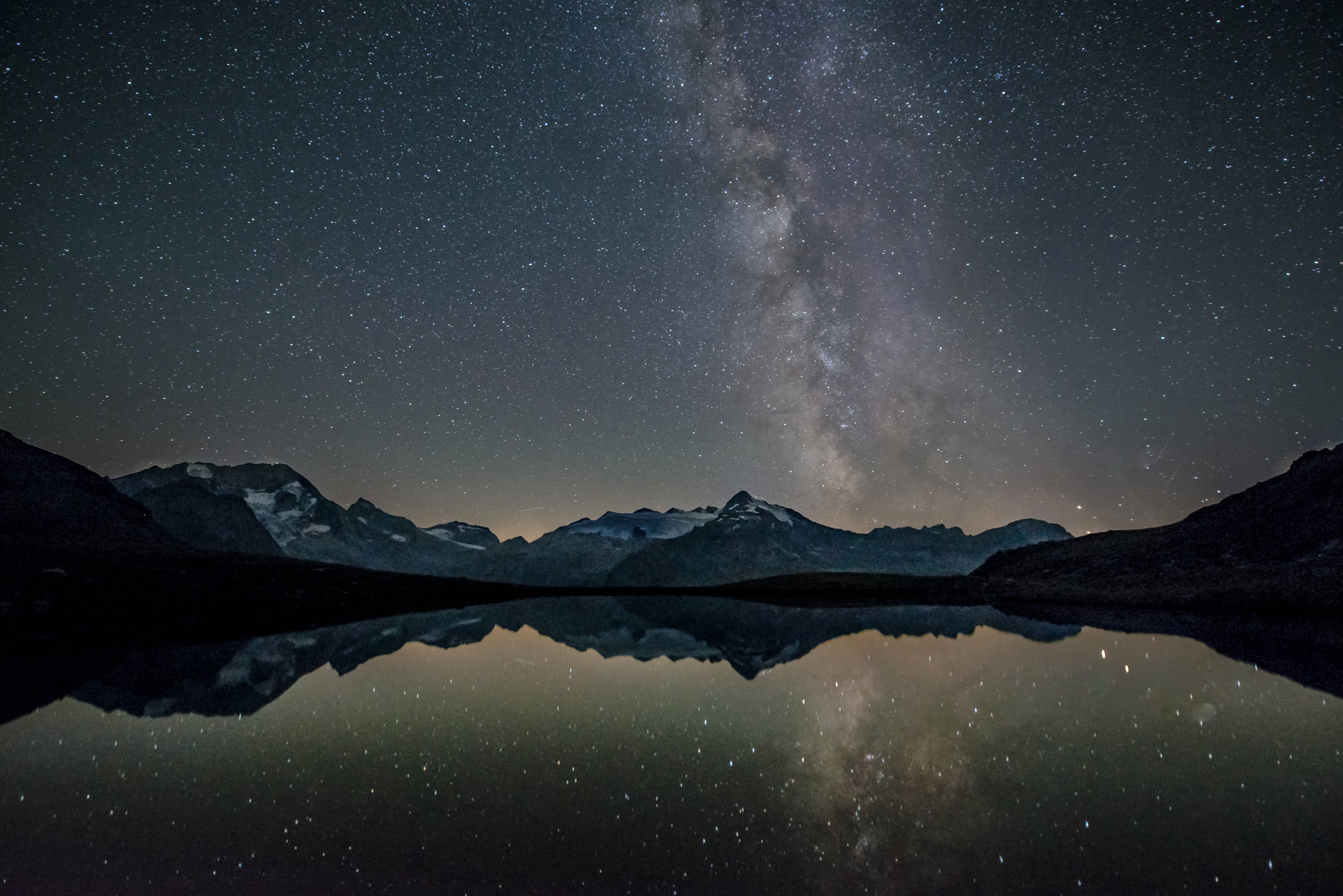 Milky Way, snowcapped mountains, alpine lake, 5K Desktop Wallpaper