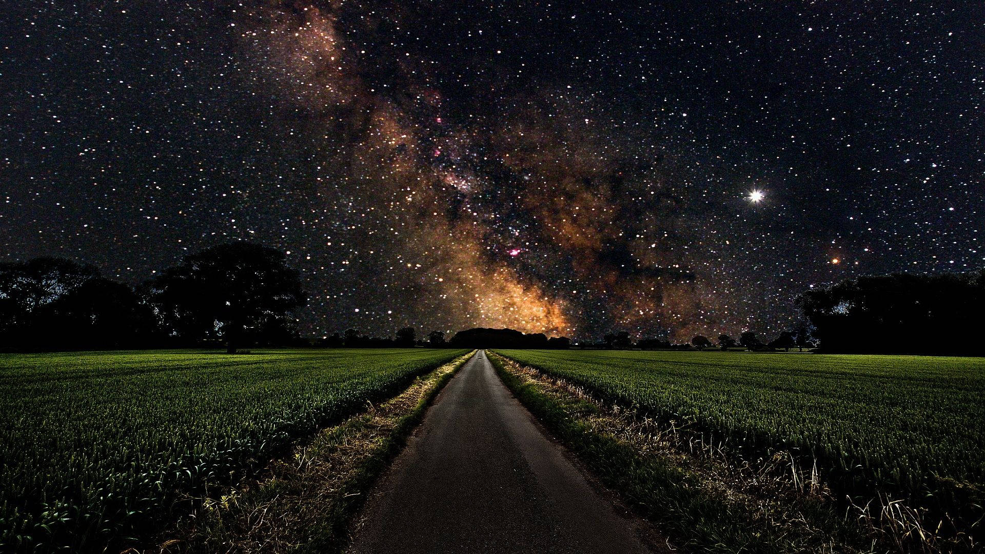 Milky Way, long road, winding road, Full HD Desktop Wallpaper