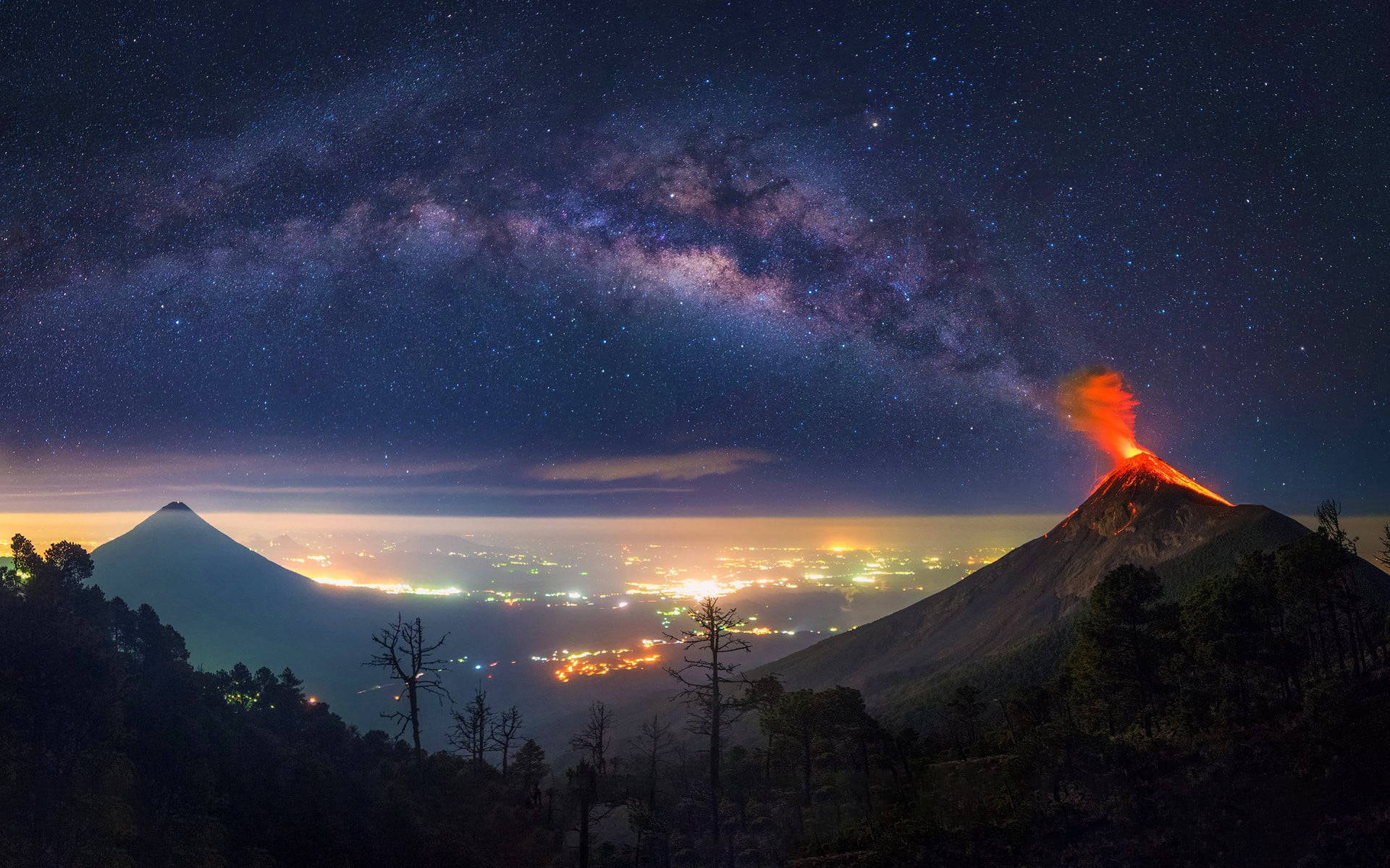 Milky Way, volcano, night, Full HD Desktop Wallpaper