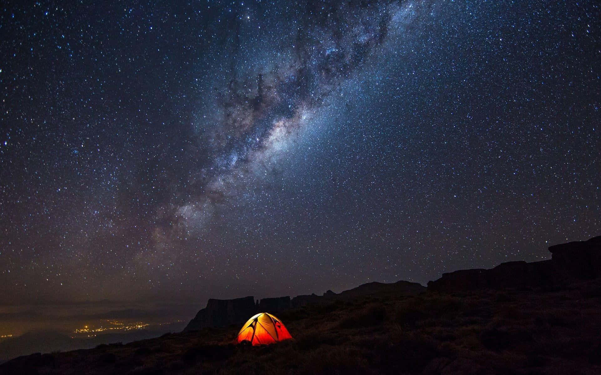 Milky Way, glowing orange tent, rocky hilltop, Full HD Desktop Wallpaper