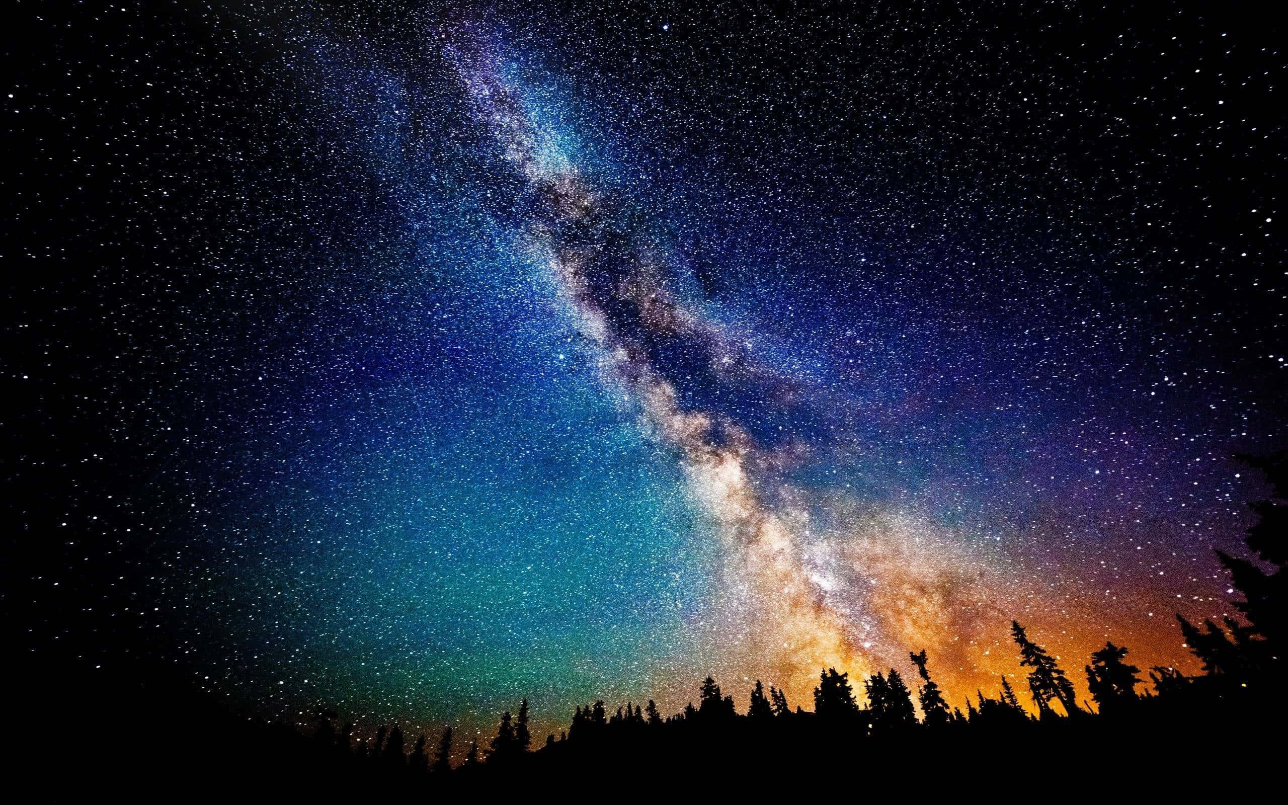 Milky Way, night sky, dark forest silhouette, 2K Desktop Wallpaper