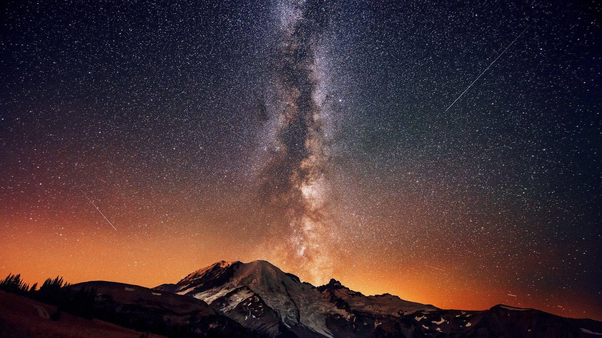 Milky Way, snow-capped mountain peak, starry night sky, Full HD Desktop Wallpaper