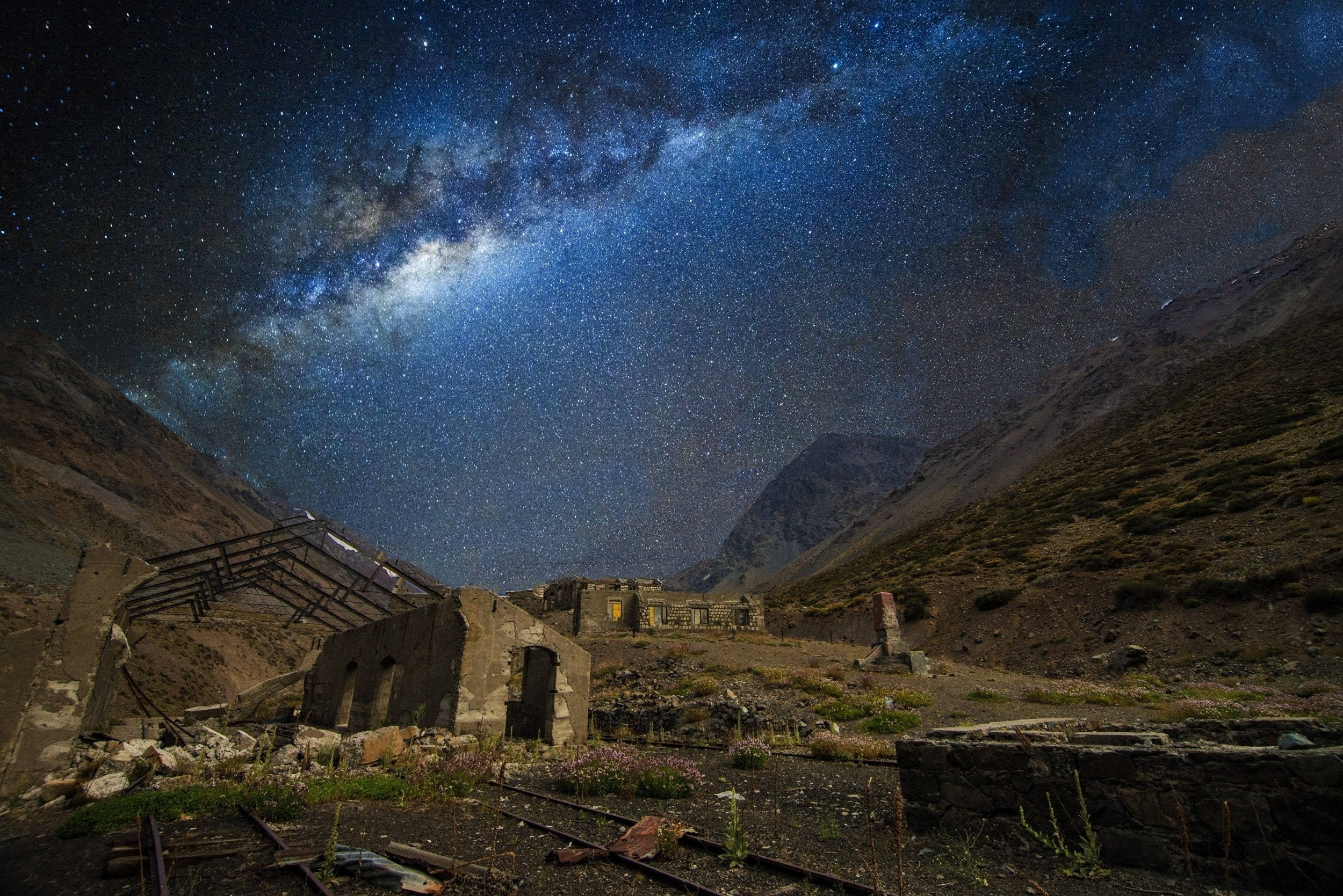Milky Way, galaxy train station, starry night sky, Full HD Desktop Wallpaper