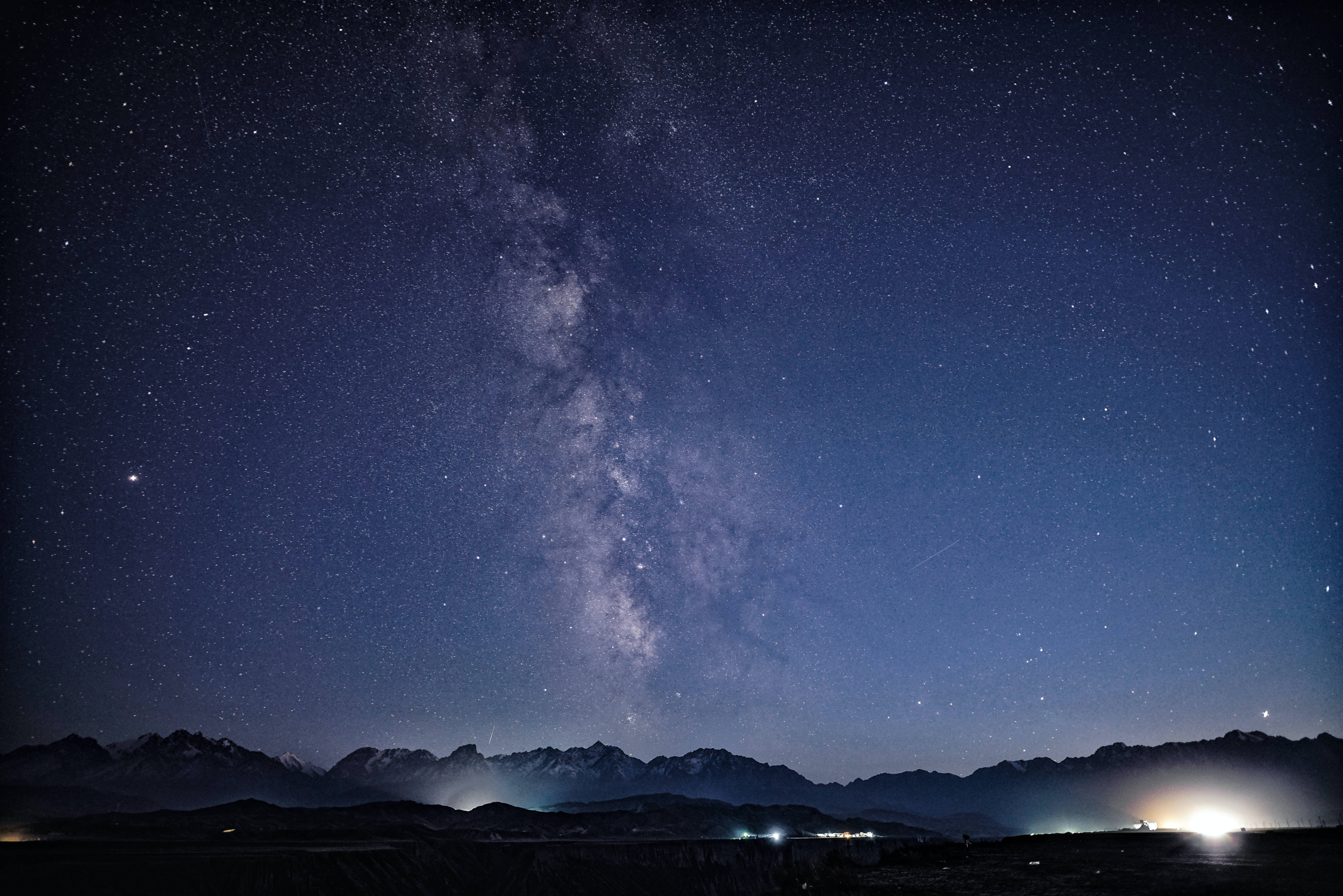 Milky Way galaxy, starry night sky, snow-capped mountains, 5K Desktop Wallpaper