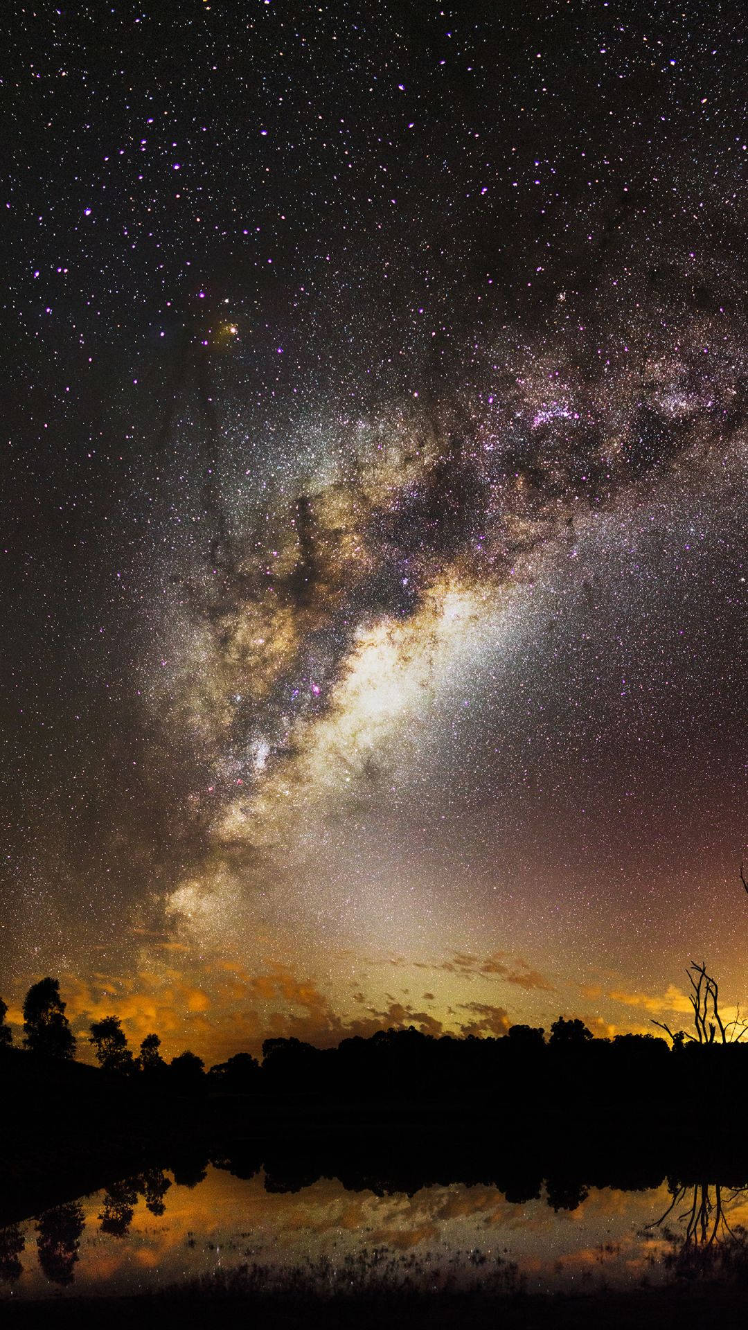 Milky Way, amber coloured, starry night sky, Full HD Phone Wallpaper