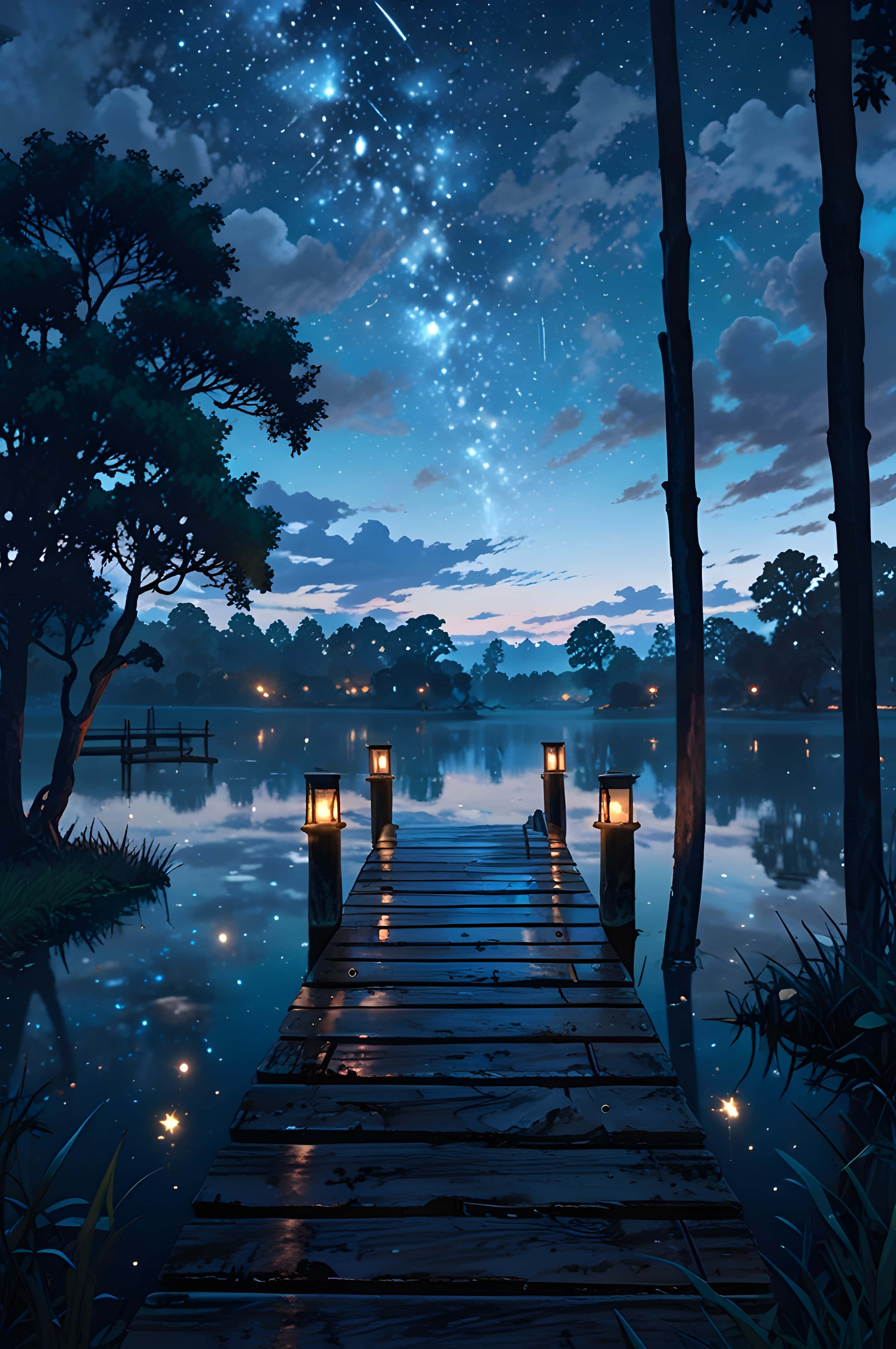 Milky Way, lake, wooden dock, 4K Phone Wallpaper
