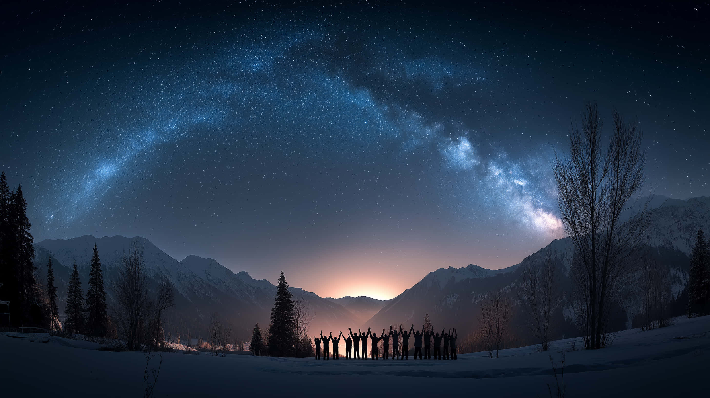 Milky Way, snowcapped mountains, snowy field, 2K Desktop Wallpaper