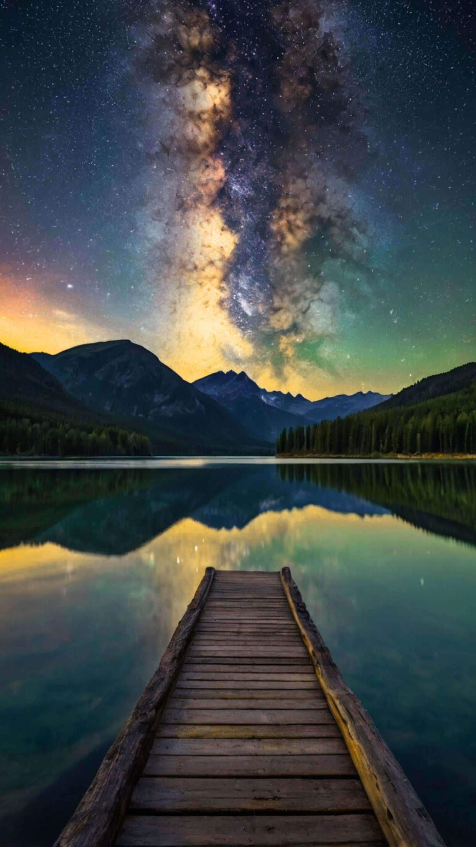 Milky Way, mountain lake, wooden dock, 2K Phone Wallpaper