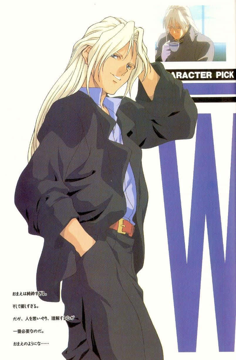 Milliardo Peacecraft, long white hair, black suit, SD Phone Wallpaper