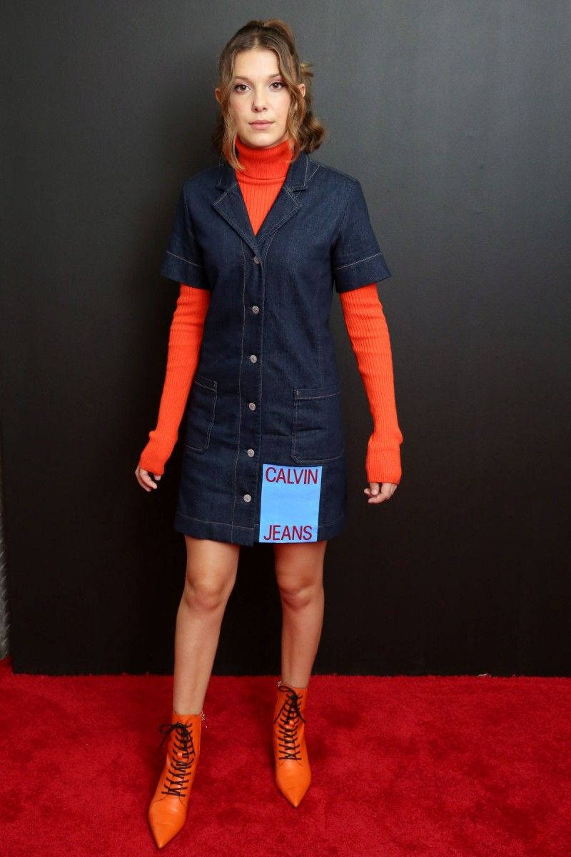 Millie Bobby Brown, red carpet, denim dress, SD Phone Wallpaper