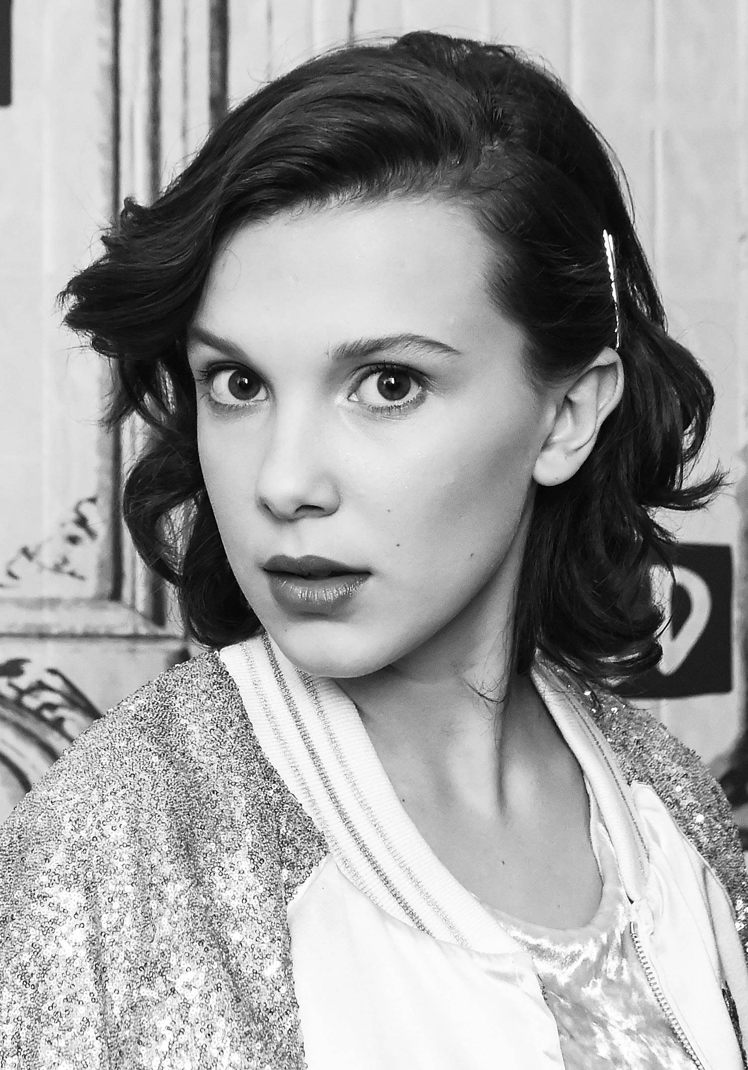 Millie Bobby Brown, black ensemble, black and white portrait, Full HD Phone Wallpaper