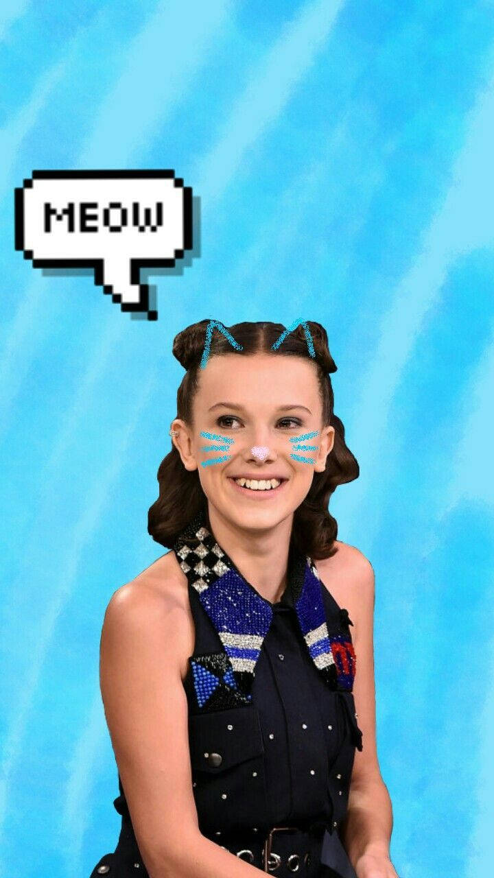 Millie Bobby Brown, cat whiskers, pixelated meow speech bubble, HD Phone Wallpaper