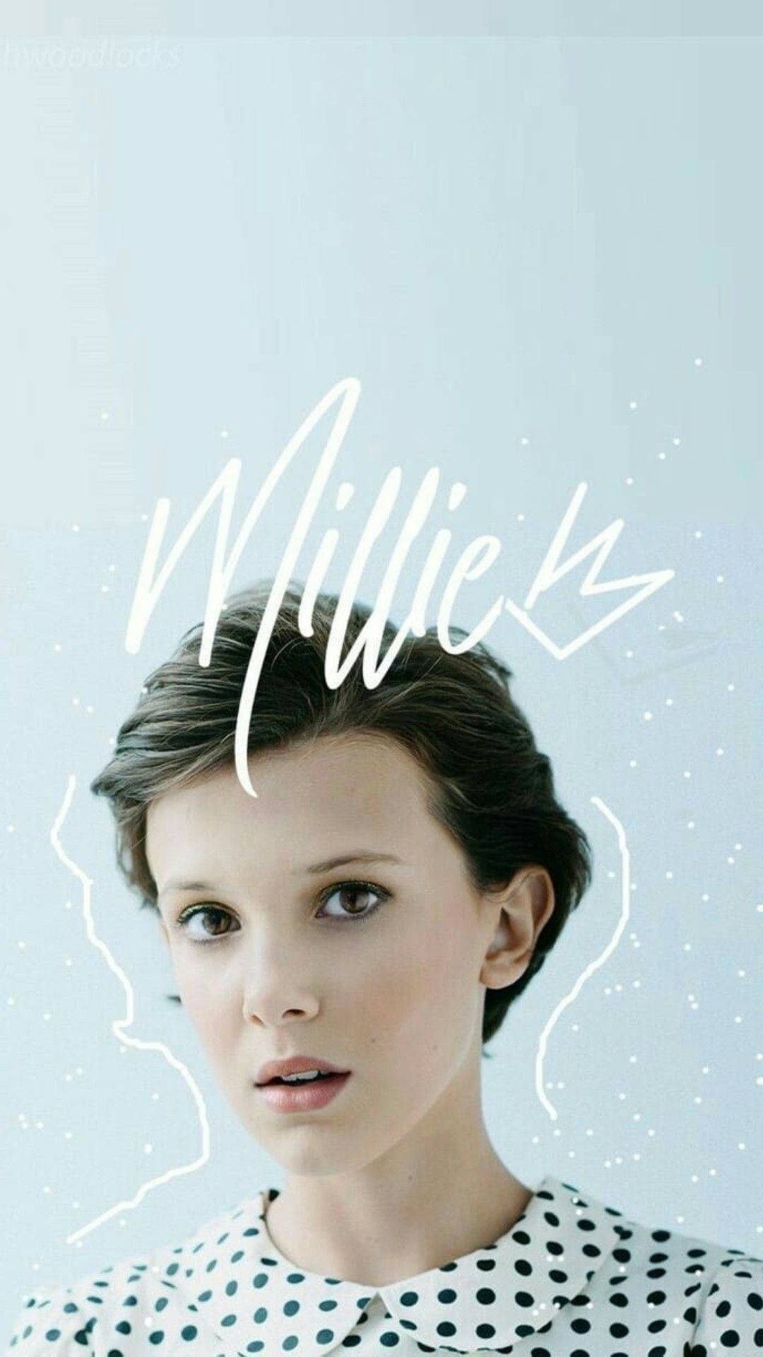 Millie Bobby Brown, black and white polka dot blouse, soft light blue background, Full HD Phone Wallpaper