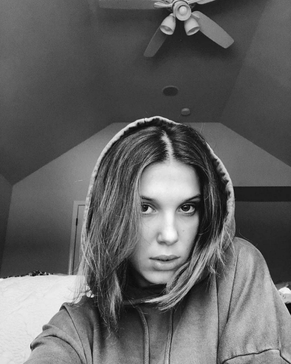 Millie Bobby Brown, black and white selfie, hoodie, SD Phone Wallpaper