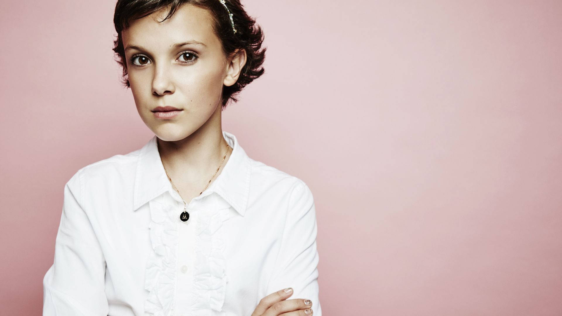 Millie Bobby Brown, short dark hair, white blouse, Full HD Desktop Wallpaper
