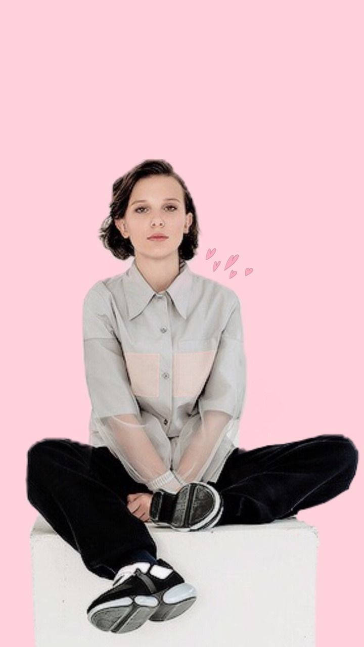 Millie Bobby Brown, emo outfit, pink background, HD Phone Wallpaper
