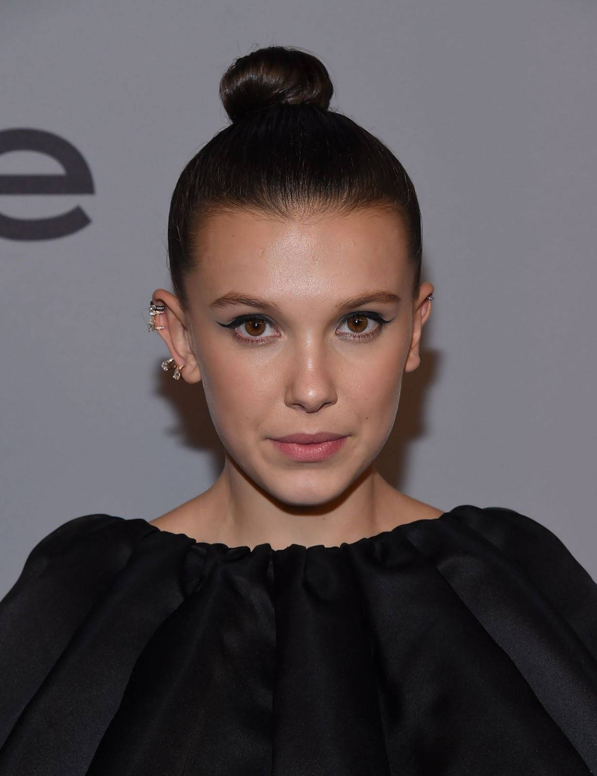 Millie Bobby Brown, black dress, dark hair, HD Phone Wallpaper