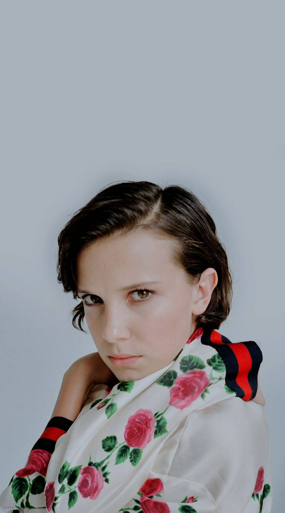 Millie Bobby Brown, short dark hair, floral scarf, HD Phone Wallpaper