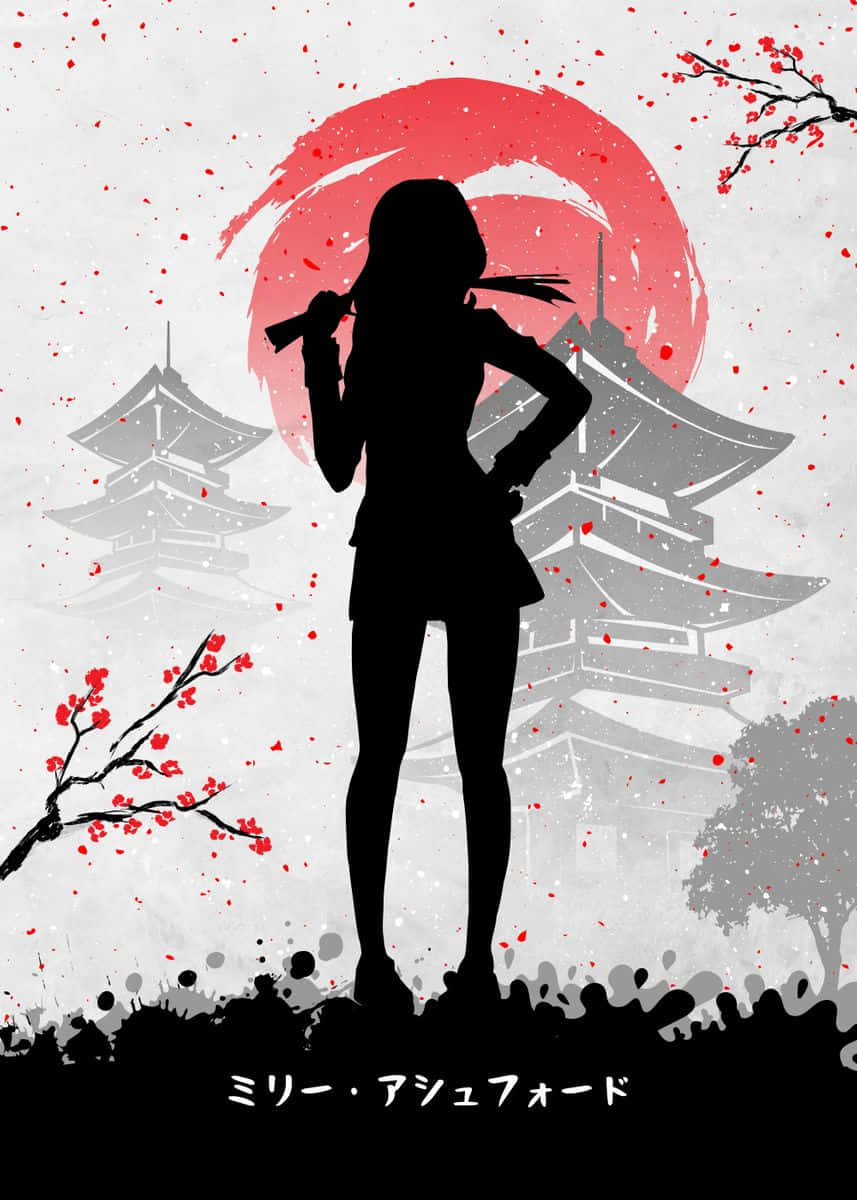 Milly Ashford, red sun, pagodas, SD Phone Wallpaper
