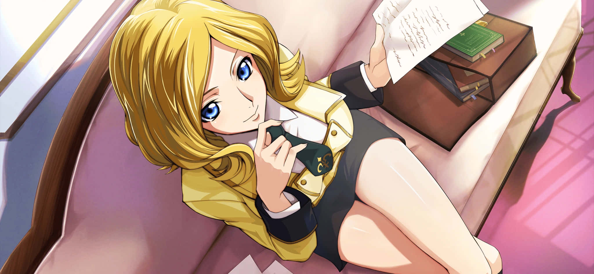 Milly Ashford, yellow jacket, pink couch, Full HD Desktop Wallpaper