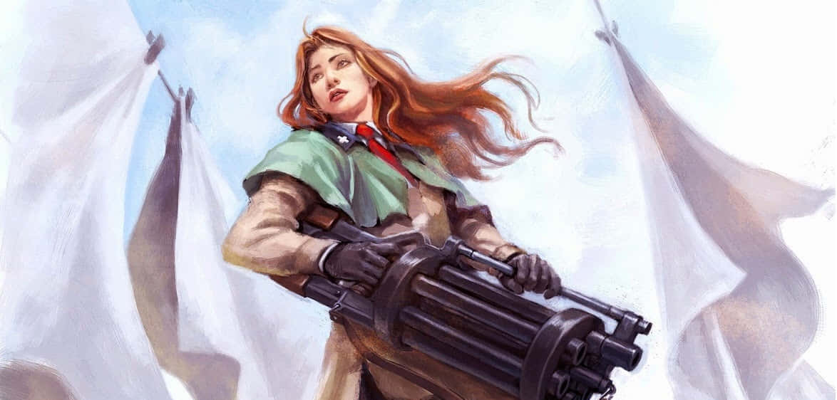 Milly Thompson, red hair, heavy machine gun, SD Desktop Wallpaper