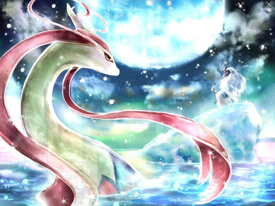 Milotic, night, luminous moon, SD Desktop Wallpaper