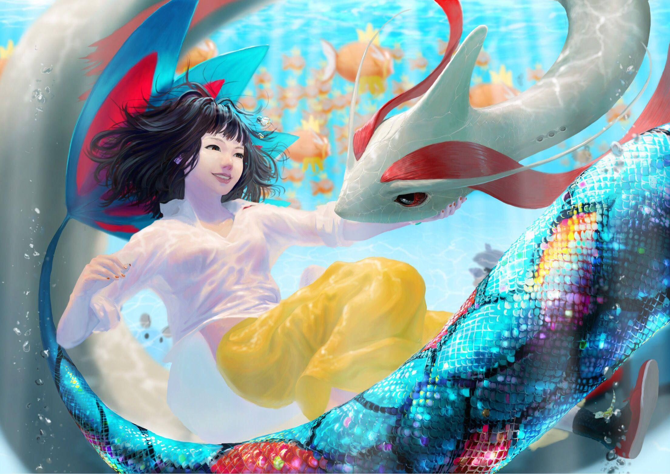 Milotic, shimmering blue and red dragon, sunlit underwater scene, Full HD Desktop Wallpaper