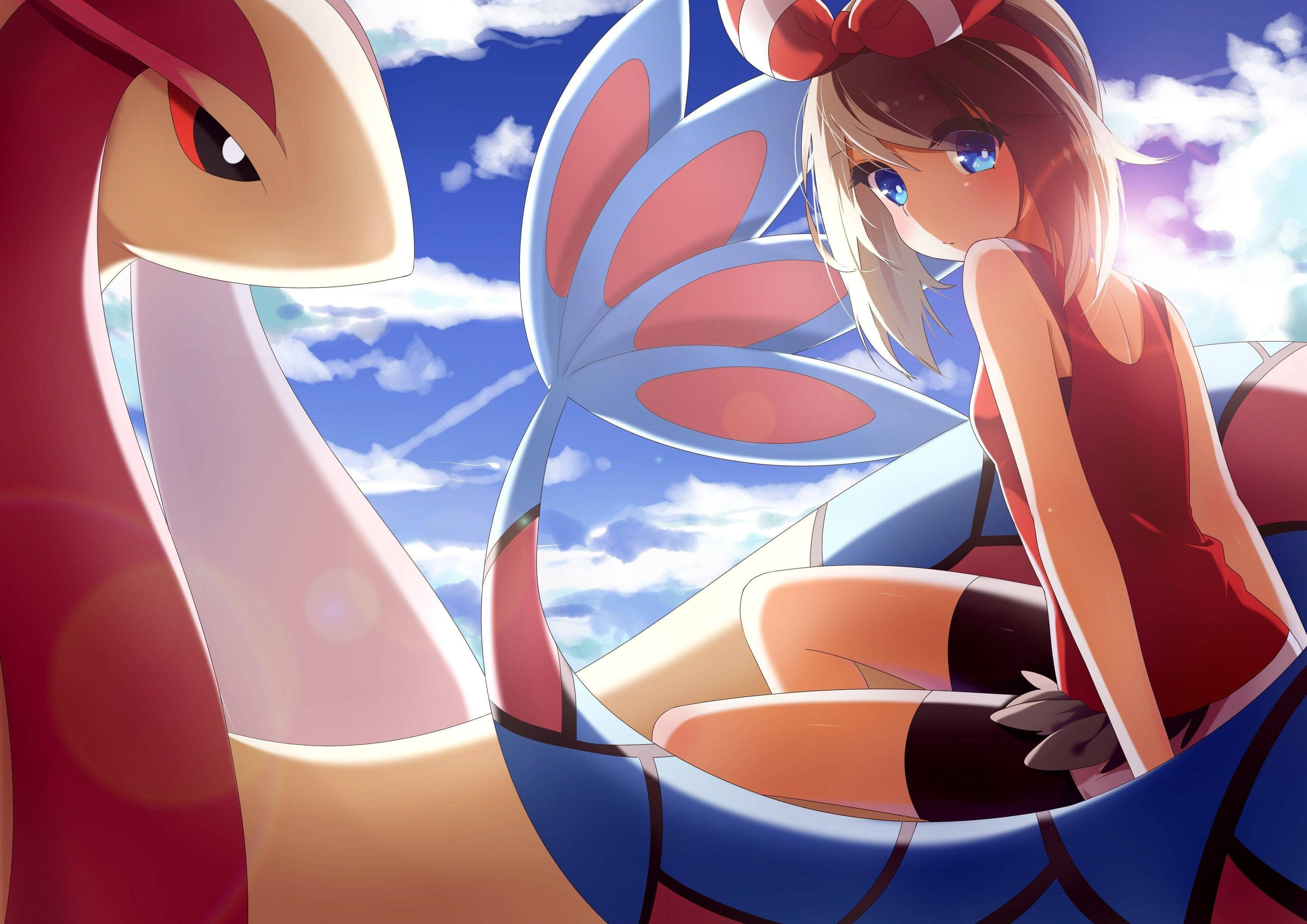 Milotic, cloudy sky, blue and pink dragon, 2K Desktop Wallpaper