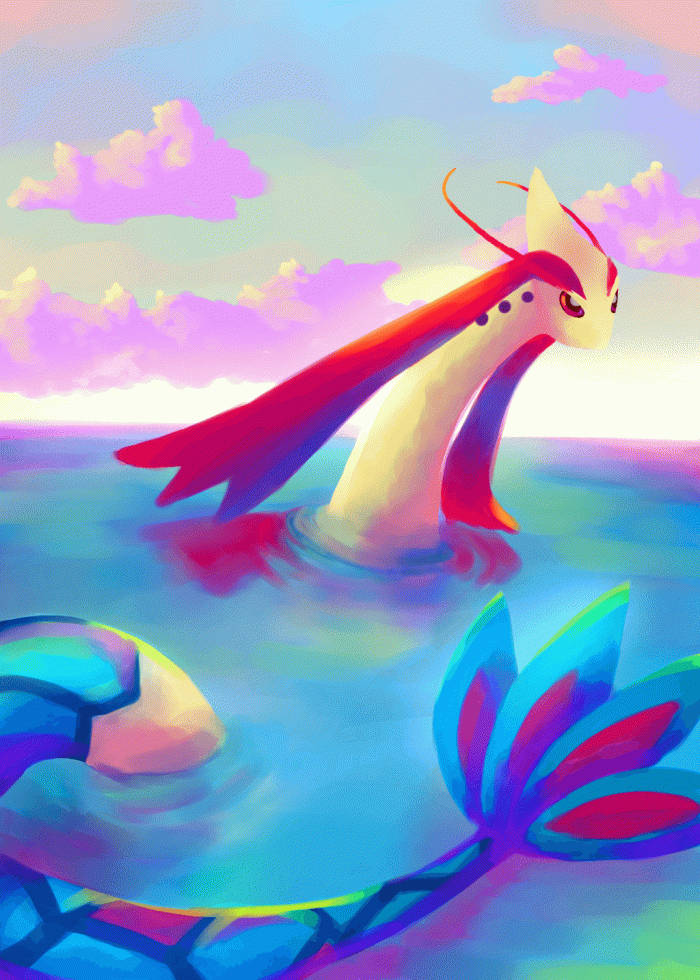Milotic, pink skies, glowing blue water, SD Phone Wallpaper