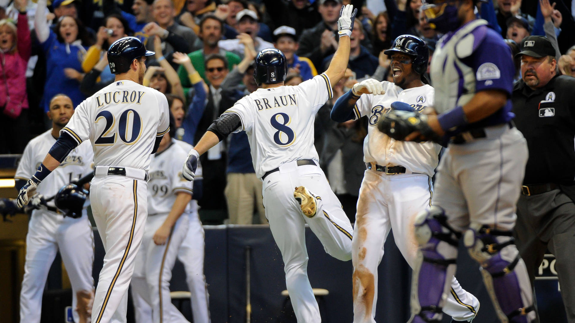 Milwaukee Brewers, white uniforms, home run, Full HD Desktop Wallpaper