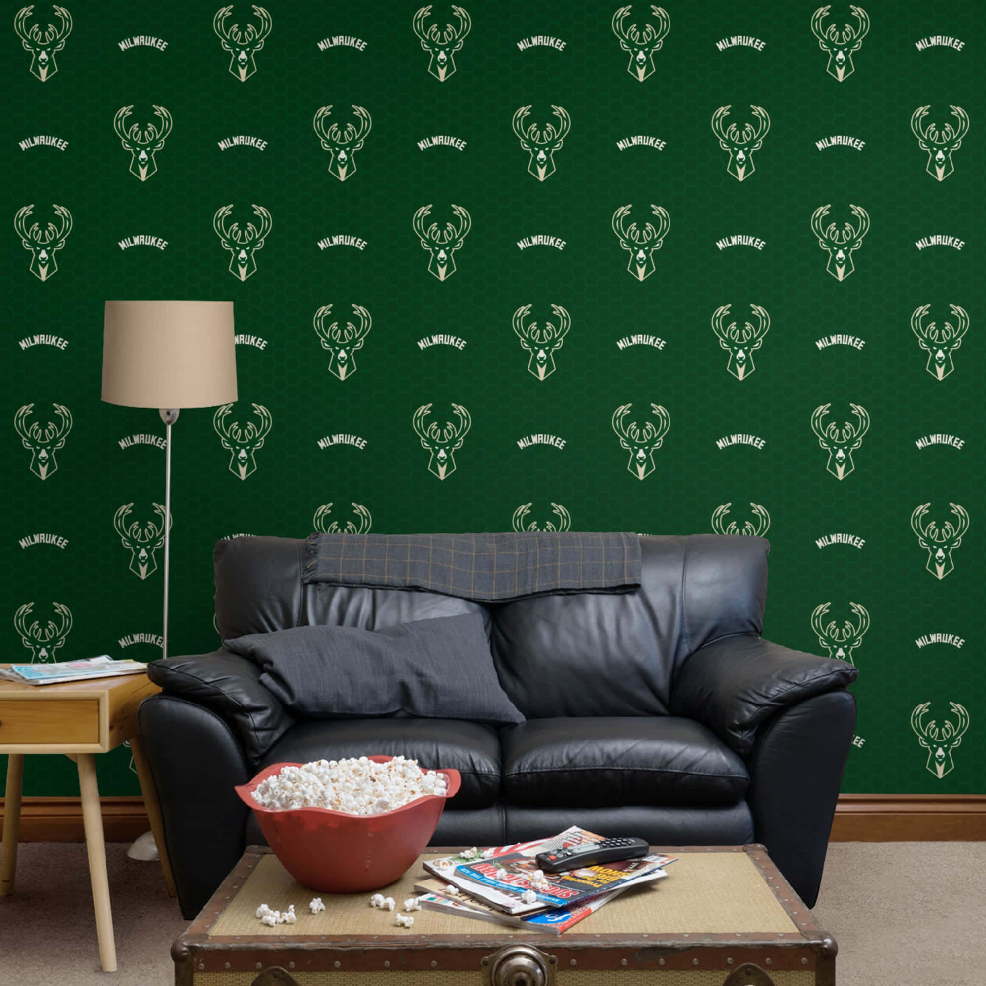 Milwaukee Bucks, black leather sofa, dark green wallpaper, Full HD Desktop Wallpaper