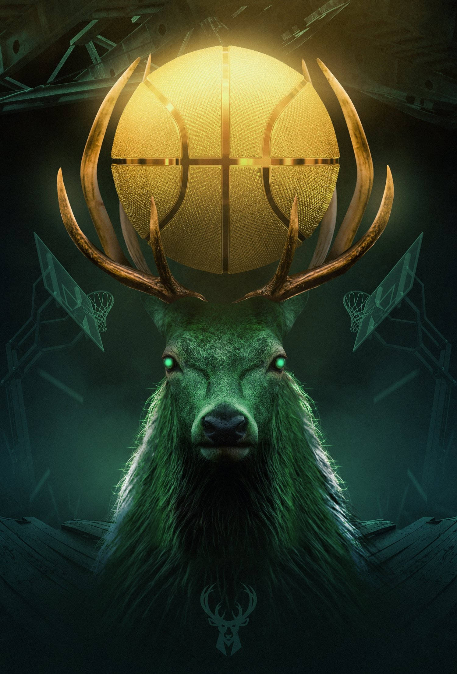 Milwaukee Bucks, golden basketball, green deer's antlers, Full HD Phone Wallpaper