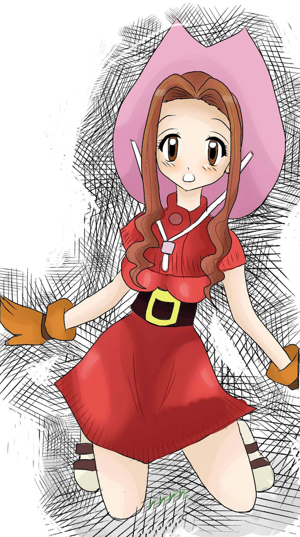 Mimi Tachikawa, red dress, pink hat, HD Phone Wallpaper