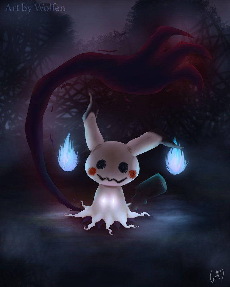 Mimikyu, glowing blue flames, dark misty forest, SD Phone Wallpaper