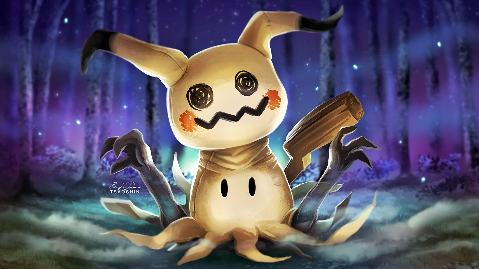 Mimikyu, whimsical anime-style, stitched grin, Full HD Desktop Wallpaper
